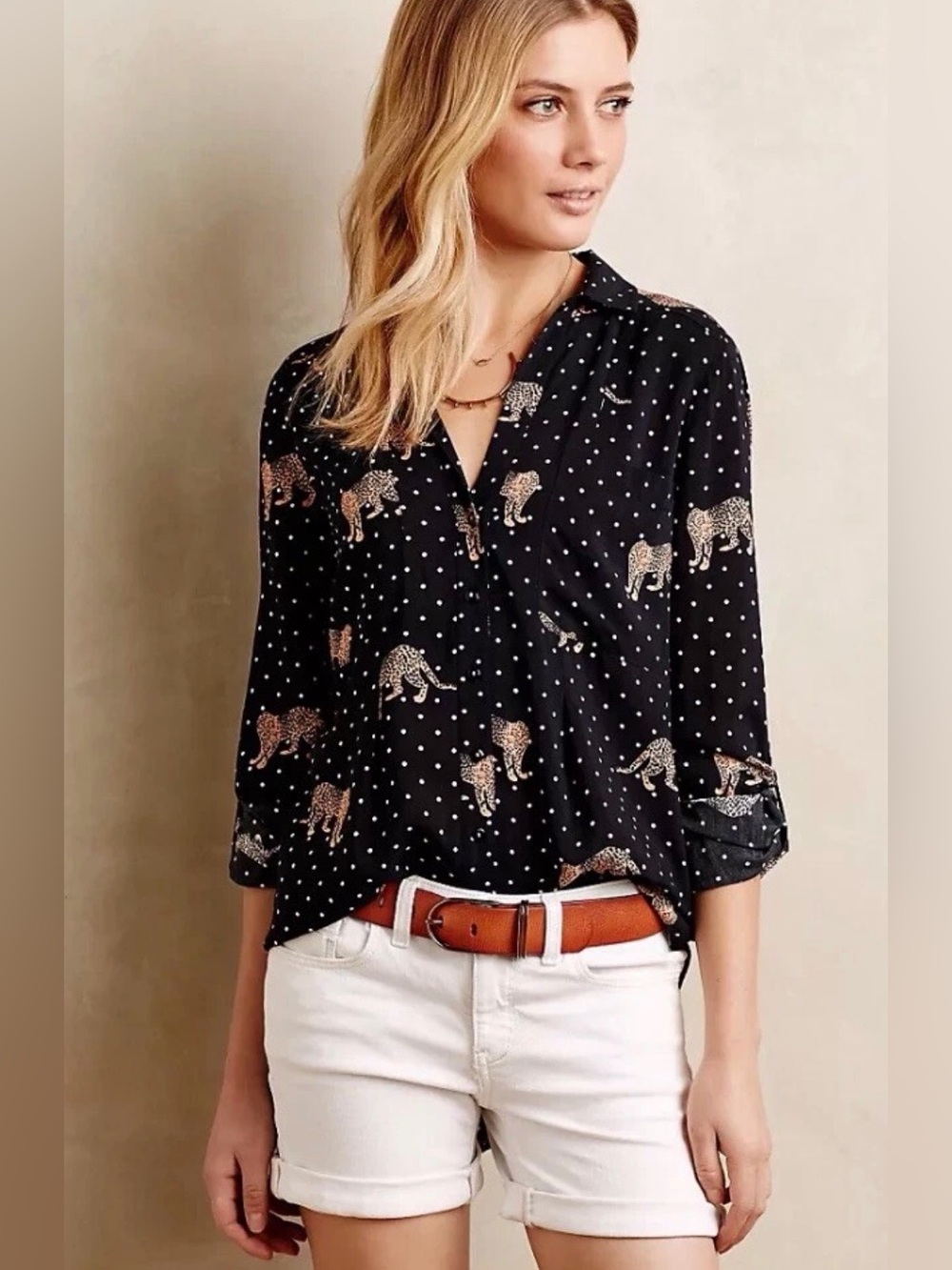 Anthropologie Maeve Black Leopard & Polka Dot Button-Front Shirt